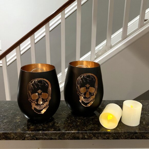 2 Black & Orange Glass Halloween Candleholders Double-Sided Skull + LED Candles - Picture 4 of 4